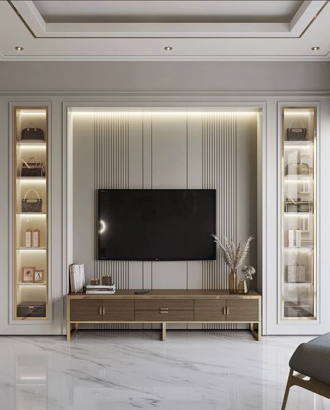 Classical Tv Unit Design, Bedroom Lcd Panel, Tv Wall Panel Design, Contemporary Tv Wall, Tv Wall Design Luxury Tvs, Classic Interior Design Living Room, Living Room Designs India, Living Room Classic, Tv Unit Interior Design