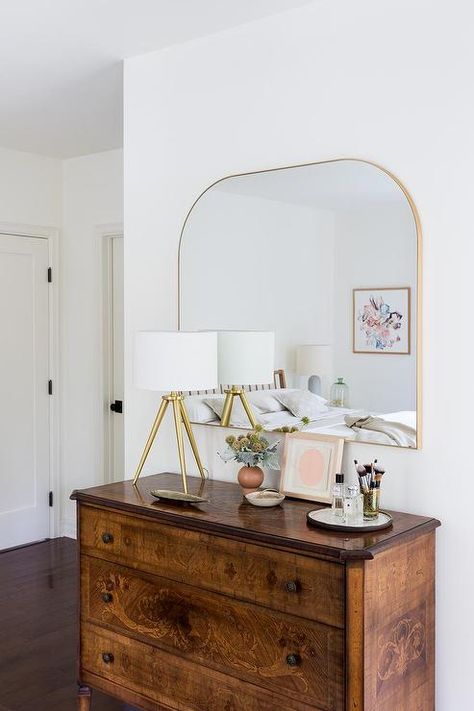 Arched Mirror Bedroom Dresser, Mirror Over Long Dresser, Leaning Mirror Bedroom Dresser, Bedroom Wall Mirror Over Dresser, Arch Mirror Dresser, Arched Mirror On Dresser, Big Antique Mirror In Bedroom, Wide Arched Mirror, Arched Mirror Over Dresser