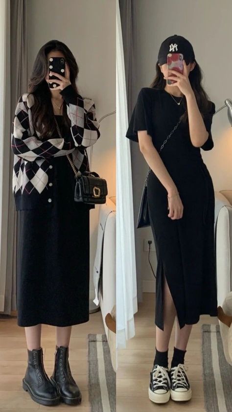 Long Skirt Fashion Casual Street Styles, Korean Street Fashion 2023, Korean Fashion Skirt Long, Korean Outfits Skirts Long, Black Long Skirt Outfit Korean, Moderately Modest Outfits, Korean Style Skirt Long, 2017 Aesthetic Outfits, Korean Long Dress Outfit