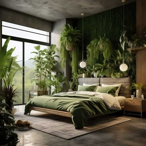 Green Earth Tone Bedroom, Moss Green Bedroom, Plant Bedroom, Botanical Bedroom, Forest Bedroom, Hanging Greenery, Large Bed, Wicker Armchair, Inspired Bedroom