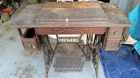 vintage-singer-treadle-sewing-machine Singer Sewing Machine Repurposed, Antique Sewing Machine Table, Old Sewing Machine Table, Sewing Table Repurpose, Sewing Machine Table Diy, Singer Sewing Tables, Singer Sewing Machine Table, Old Sewing Machine, Sewing Machine Tables