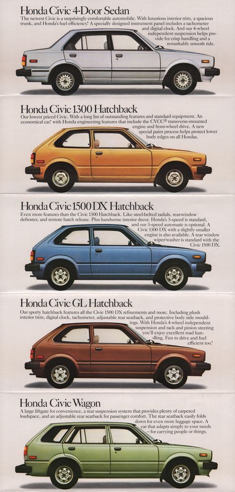 1981 Honda Sales Brochure Vintage Honda Car, Automobile Advertising, Hatchbacks, Sedan Cars, Luxurious Interior, Combi Vw, Sales Brochure, Rack And Pinion, Civic Sedan