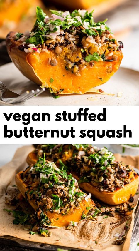 Butternut Squash Vegan, Kale Mushroom, Stuffed Butternut Squash, Stuffed Butternut, Rice Lentils, Butternut Recipes, Soft Challenge, Stuffed Vegetables, Butternut Squash Chili