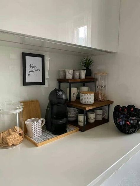 31 Kitchen Counter Ideas That Will Transform Your Space Kitchen Table Organizer, Coffee Station Corner Countertop, Coffee Pod Storage In Cabinet, Coffee Station Under Cabinet, Area Rug For Small Living Room, Countertop Coffee Corner, Coffee Countertop Ideas, Coffee Corner On Countertop, Coffee Corner Kitchen Countertops