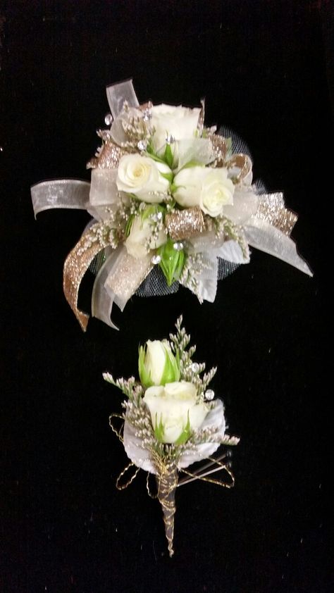 50th Anniversary Corsage, Cream Corsage And Boutonniere, White And Gold Corsage And Boutonniere, Gold Corsage And Boutonniere, Gold Corsage Prom, Flowers At Wedding, Gold Corsage, Prom Flowers Corsage, Brooch Boutonniere