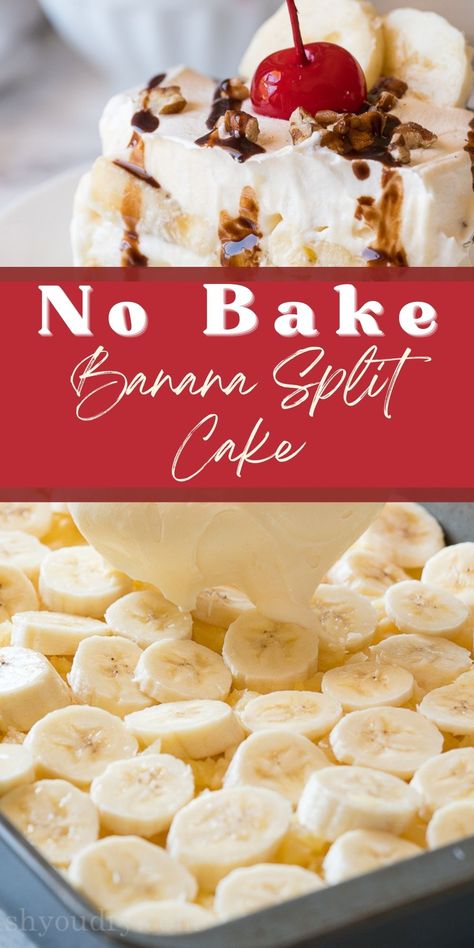 This No Bake Banana Split Cake is filled with layers of pineapple, banana and cheesecake for an easy and delicious dessert! Banana Split Cake With Pudding, Banana Sundae Dessert, Banana Split Icebox Cake, Banana Split Dessert With Pudding, Banana Split Cheesecake Recipes, Banana Split Delight, No Bake Banana Split Cheesecake, Banana Pudding With Graham Crackers, Banana Torte