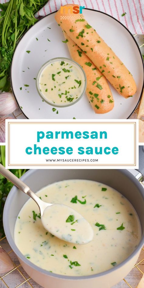 This decadent Parmesan Cheese Sauce recipe is loaded with rich cream, butter, garlic, and plenty of parmesan cheese! Simple Parmesan Sauce, Easy Parmesan Sauce, Parmesan Butter Sauce, Swiss Cheese Sauce, Garlic Cheese Sauce, Parmesan Sauce Recipe, Creamy Peppercorn Sauce, White Cheese Sauce, Cheese Sauces