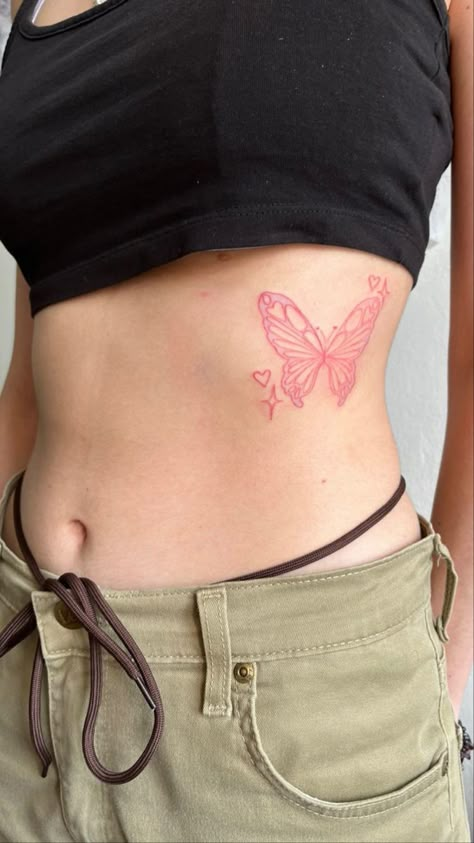 Pastel Pink Tattoo, Pink Outline Tattoo, Pink Line Tattoo, Pink Ink Tattoos, Butterfly Tattoo Pink, Pink Tattoo Ideas, Hot Pink Tattoo, Light Pink Tattoo, Pink Tattoo Aesthetic