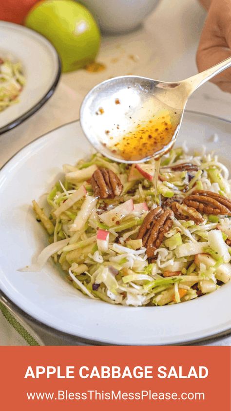 Apple cabbage salad with pecans is a crunchy and bright salad similar to cole slaw with just a hint of sweetness from the fruit. #cabbagesalad #coleslaw #applecabbagesalad #applesalad #cabbage #salad Cabbage And Apple Salad Recipes, Crunchy Cabbage Salad Recipes, Fall Cabbage Salad, Cabbage Salad With Apples, Coleslaw Apple Salad, Cole Slaw With Apples, Apple Cabbage Salad Recipes, Cabbage Apple Salad Recipes, Savoy Cabbage Salad