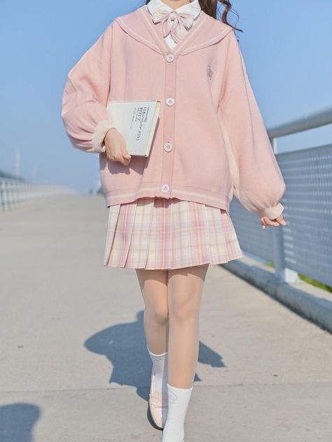 Sailor Cardigan, Cute Kawaii Outfits, Cute Pink Outfits, Clothes Kawaii, Kawaii Outfit Ideas, Kawaii Sweater, Fashion Kawaii, Sweet Cat, Pastel Outfit