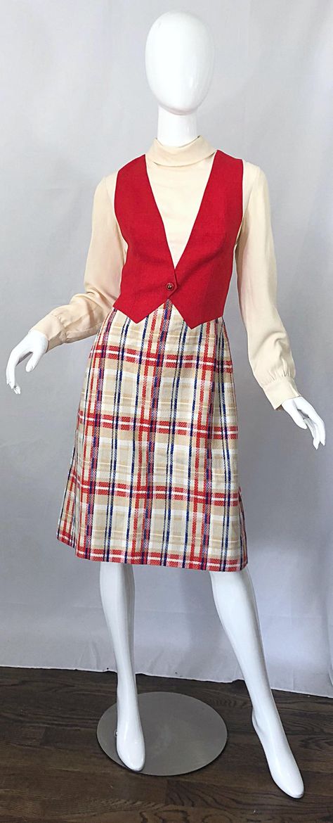 Chic 1960s Pat Sandler Trompe l'Oeil Red White and Blue Vintage 60s A Line Dress For Sale at 1stdibs Minako Aino, 1960s Fashion, Line Dress, Plaid Skirt, 60s Fashion, Blue Vintage, Dress For Sale, Character Outfits, Historical Fashion