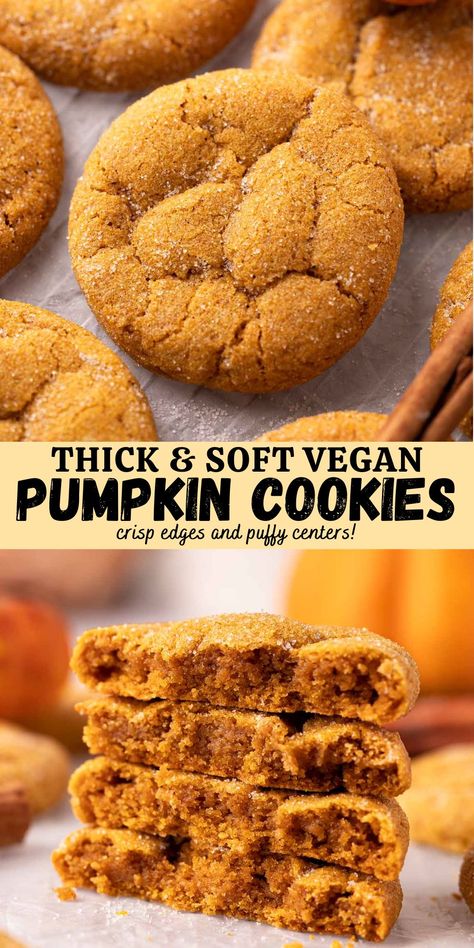 These soft and chewy vegan pumpkin cookies have crisp edges, puffy centers, and are packed with pumpkin puree! They are made with simple ingredients and are the perfect Fall treat. Easy Vegan Pumpkin Cookies, Vegan Drop Cookies, Vegan Pumpkin Cookies Healthy, Pumpkin Puree Recipes Vegan, Vegan Pumpkin Oatmeal Cookies, Vegan Pumpkin Sugar Cookies, Vegan Cranberry Cookies, Vegan Pumpkin Crisp, Egg Free Pumpkin Cookies