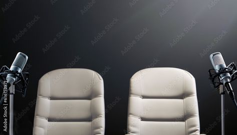 two chairs and microphones in podcast or interview room on dark background, wide banner for media conversations or podcast streamers concepts, copy space Interview Background, Interview Room, Interview Rooms, Dark Background, Microphones, Dark Backgrounds, Stock Illustration, Podcast, Interview