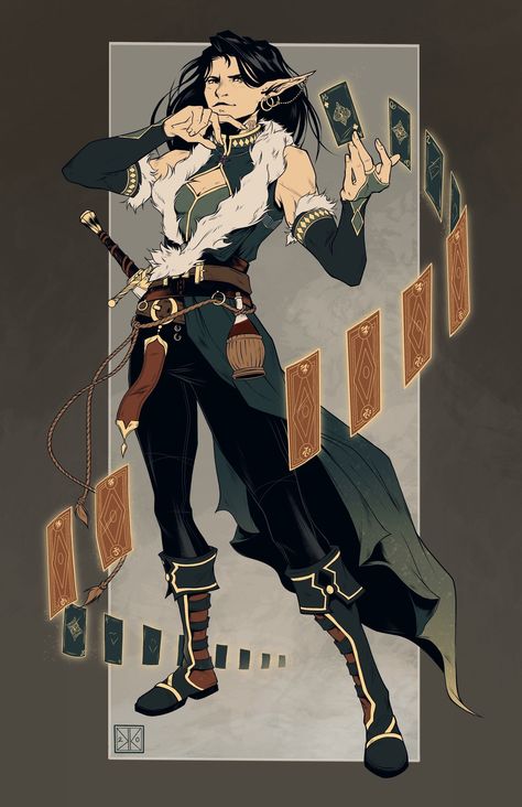 Huckster Character Art, Dnd Characters Character Concept Art, Warlock Poses, Card Magician Character Design, Dnd Character Oc, Dnd Bard Character Concept, Dnd Character Design Ideas, Female Bard Character Design, Dnd Bard Outfit