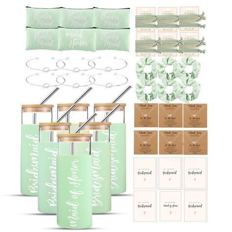 PRICES MAY VARY. Bridesmaid Proposal Gifts Set: The package includes 6 pieces of bridesmaid cosmetic bags, 6 pieces of silicone protective glass cups with bamboo covers and stainless steel straws, 6 pieces of Headband, 6 pieces of hair rope, 6 pieces of necklaces, 6 pieces of knotted bracelets, 6 pieces of invitation cards, 42 pieces in total, packed in a box, the quantity is sufficient to meet your wedding party decoration needs Romantic and Elegant Design: Our bridesmaid proposal gifts has thr Bachelorette Party Green, Bridesmaid Cosmetic Bag, Maid Of Honor Gifts, Knotted Bracelets, Iced Coffee Tumbler, Gifts Set, Bridesmaid Proposal Gifts, Maid Of Honour Gifts, Glass Cups