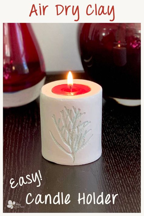 Learn how to make this neat air dry clay candle holder with a cedar leaf imprint. An easy step by step tutorial for making this as a handmade Christmas gift. #artsyprettyplants #claycrafts #diyhomedecor #holidaycrafts Tea Light Holder Ideas, Dry Clay Candle Holder, Air Dry Clay Candle, Clay Tea Light Holder, Air Dry Clay Candle Holder, Clay Candle Holders Diy, Clay Candle Holders, Clay Candle, Unique Candle Holders