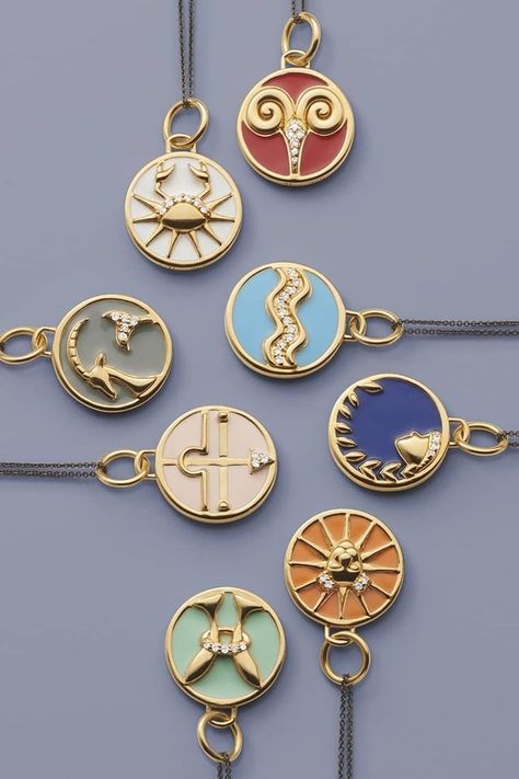 Monica Rich Kosann mini horoscope pendants in yellow gold, diamonds, and different colors of enamel on a blue background Back To University, Jewelry Packaging Design, Jewelry Product Shots, Monica Rich Kosann, Jewelry Lockets, Art Nouveau Jewelry, Zodiac Jewelry, Classy Jewelry, New Metal