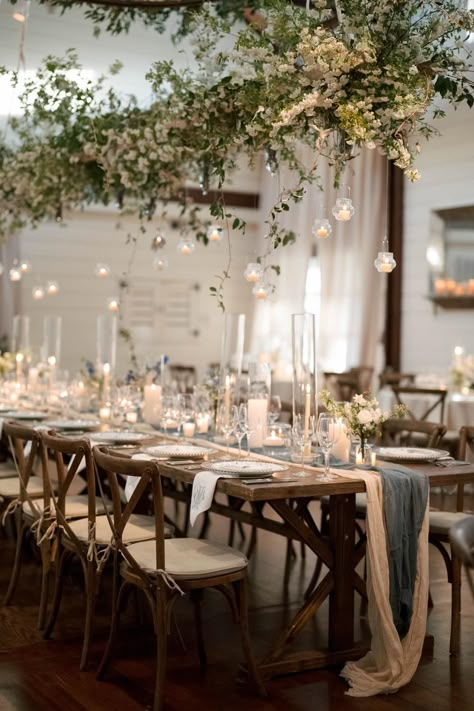 Whimsical Romance At This Mountain Vineyard Wedding At Pippin Hill Farm Classic Vineyard Wedding, Weddings With Greenery, Wedding In A Vineyard, Indoor Winery Wedding, Wedding Tablescapes Long Simple, Vineyard Wedding Aesthetic, White Whimsical Wedding, Farm Wedding Table, Modern Whimsical Wedding