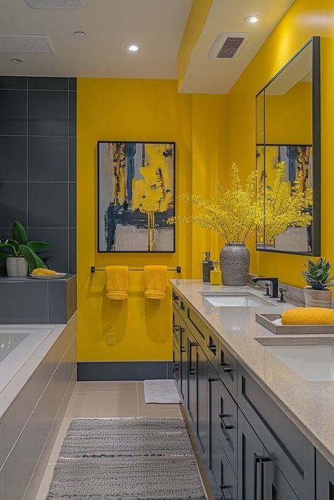 29 Sunny Yellow Bathroom Decor Ideas to Brighten Your Space 4 Yellow Aesthetic Bathroom Ideas, Mustard Bathroom Ideas, Blue And Yellow Bathroom Ideas, Mustard Yellow Bathroom, Mustard Bathroom, Yellow And Blue Bathroom, Cosy Bathroom, Grey And White Bathroom, Yellow Bathroom Decor