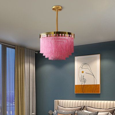 Modern artistic tassel design: The pendant light is a tassel design, made of a beautiful tassel, a soft feel, creates a romantic atmosphere, and is full of artistic flavor. It is suitable for bedrooms and restaurants, adding a touch of fashion and romance to your room. | House of Hampton® Cruel 1 - Light Lantern Globe LED Chandelier Metal in Brown | 12.2 H x 18 W x 18 D in | Wayfair Girls Room Chandelier, Small Bedroom Ideas For Women, Colorful Chandelier, Makeup Vanities, Pink Chandelier, Bedroom Light Fixtures, Chandelier Metal, Building House, Woman Bedroom