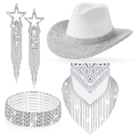 PRICES MAY VARY. Stylish Ensemble: the package consists of a glittered cowgirl hat, dazzling disco bandana, shiny rhinestone bracelet, and a pair of cowgirl star earrings; This stylish set is an ideal choice for distinctive style and the mainly silver color of the accessories complements the hat beautifully, amplifying your appeal in various settings Shimmering Design: every element in this package is designed to shine; The rhinestones embedded on the hat with a wide brim, bandana, and silver je Jeweled Cowboy Hat, Rhinestone Rodeo Party, Black And Silver Cowgirl Outfit, Rave Bachelorette Party, Rave Bachelorette, Rhinestone Cowgirl Outfits, Glitter Cowgirl Hat, Glitter Cowgirl, Fringe Bandana