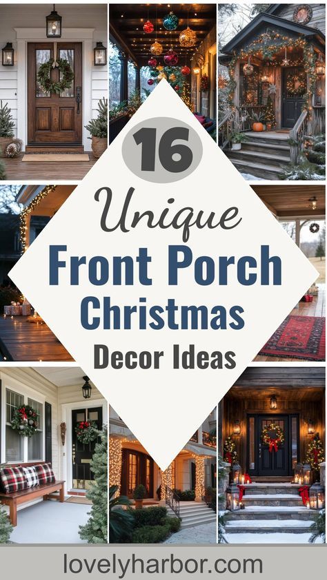 Transform your porch into a festive wonderland with these 16 creative Christmas decor ideas! Start exploring unique ways to elevate your holiday decor. Outdoor Porch Christmas Tree Ideas, Christmas Porch Themes, Cozy Christmas Porch Decor, Simple Holiday Decor Front Porch, Simple Christmas Outdoor Decorations, Christmas Decor Ideas Outside Lights, Country Christmas Front Porch Decor, Christmas Covered Porch, Christmas Portico Decor