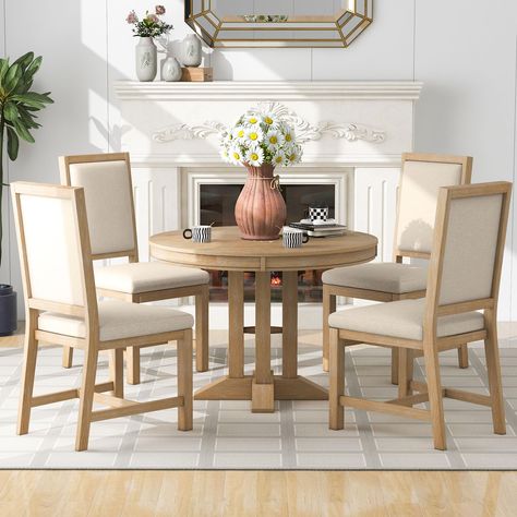 PRICES MAY VARY. Wood Stylish Fusion Dining Set: Elevate your dining space with this stylish table and chair set, seamlessly blending modern and farmhouse aesthetics. Available in two colors, it adds warmth and vintage elegance to your home. Top-Quality Craftsmanship: The MDF tabletop with an OAK veneer offers exquisite wooden texture. Crafted from sturdy rubber solid wood, both the table frame and chair frame ensure durability and stability. The X-shape base enhances support, while comfortable Natural Dining Room, Farmhouse Dining Table Set, Round Extendable Dining Table, Wooden Kitchen Table, Farmhouse Dining Set, Round Dining Table Sets, Wooden Dining Set, Dining Furniture Sets, Dining Room Table Set