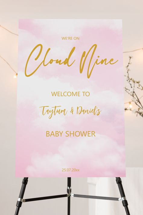 Cloud nine baby shower pink and gold welcome sign board personalized decor on cloud nine it's a girl Cloud Nine Baby Shower Theme Girl, Pink Clouds Baby Shower Theme, On Cloud 9 Baby Shower Theme Girl, Baby Shower Pink And Gold, Cloud Baby Shower Theme, Gold Welcome Sign, Pink And Gold Baby Shower, Baby Shower Pink, Gold Baby Shower