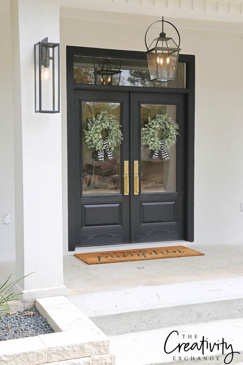 Double Front Entry Doors Modern Farmhouse, Craftsman Double Front Door, Entryway Doors Exterior, Double Entry Front Doors, Exterior Double Front Doors, Front Double Doors, Craftsman Front Door, Sophisticated Farmhouse, Exterior Double Doors