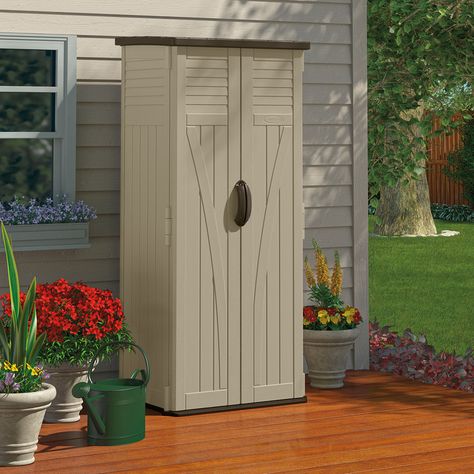 Suncast 2.4 Ft. W x 2.1 Ft. D Plastic Tool Shed & Reviews | Wayfair Build A Shed Door, Suncast Storage Shed, Tool Storage Garage, Garbage Shed, Yard Design Ideas, Small Shed, Shed Door, Cute Homes, Wood Storage Sheds