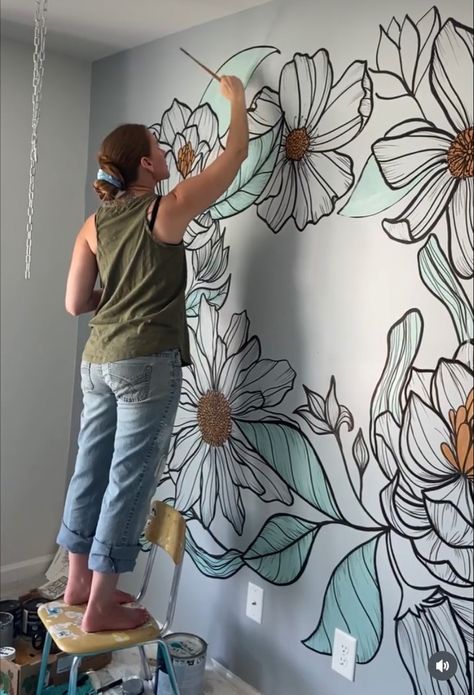 Wall Murals Diy Floral, Monochromatic Mural Wall Art, Painted Flower Wall Mural, How To Paint A Floral Wall Mural, Painted Accent Wall Kitchen, Mural Accent Wall Bedroom, Painted Murals On Walls Bedrooms, Diy Flower Wall Mural, Diy Boho Wall Mural