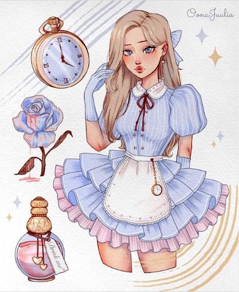 illustration by Oona Juulia Alice In Wonderland Fanart, Alice In Wonderland Outfit, Alice In Wonderland Drawings, Alice In Wonderland Aesthetic, Alice In Wonderland Disney, Disney Princess Artwork, Down The Rabbit Hole, The Rabbit Hole, Draw Art