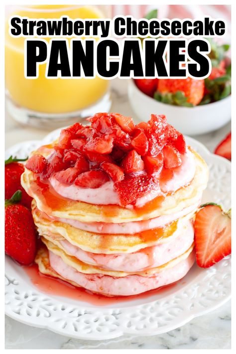 Stack of pancakes topped with strawberries. Honey Yeast Rolls, Strawberry Cheesecake Pancakes, Pancake Ideas, Cheesecake Pancakes, Easy Strawberry Cheesecake, Spring Breakfast, Sticky Buns Recipes, Cream Cheese Pancakes, Homemade Strawberry Sauce