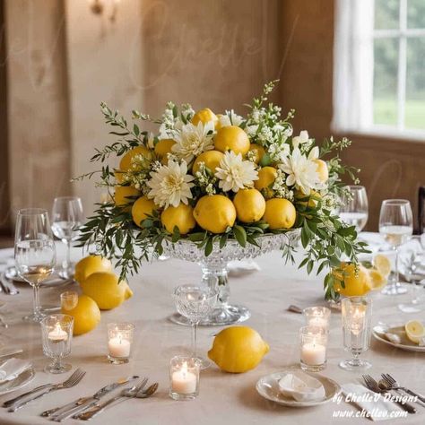 Lemon And Flowers Centerpiece, Lemon Wedding Centerpieces, Lemon Theme Wedding Decor, Lemon Vase Centerpiece, Lemon Floral Arrangements, Lemon Centerpiece Ideas Wedding, Lemon Decorations Party, Lemon Centerpiece Ideas, Lemon Theme Wedding