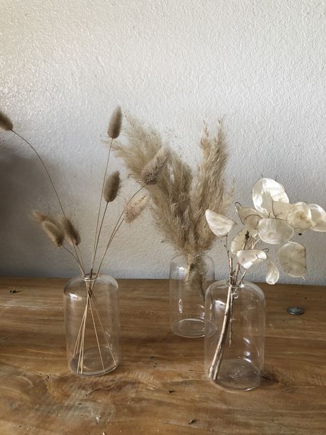 Cloche bud vases with Bunnytail, Lunaria, and sprigs of Pampas Grass Mini Pampas, Brown Pampas, Grass Centerpiece, Pampas Grass Decor, Grass Decor, Event Centerpiece, Home Decor Rustic, Tall Centerpieces, Dried Floral