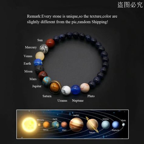 Universe Solar System Bracelet Women Natural Stone Eight Planets Bracelet. All Planets With a Strong Flexible Fishing Line, It fits every wrist. Fashion space bijou. Stone sizes, 8mm to 6mm (look on Picture) Woman Size: 16 cm Man Size: 18 cm A very meaningful and valuable gift to her or him. Don't miss this solar system bracelet out get yours now. Contact Please feel free to contact me. I'll always gladly answer all of your questions. Don't forget to visit my shop and add to your favorites. Than Planets Bracelet, Eight Planets, Solar System Bracelet, Sistem Solar, Bracelet Packaging, Chakra Beads, Bracelet Bead, Natural Stone Bracelets, Bracelet Women