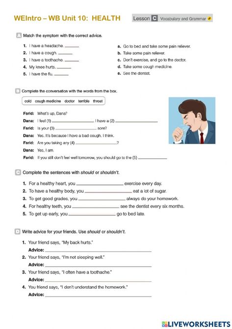 Should Or Shouldn't Worksheets, Giving Advice Worksheet, Health Problems Worksheet, Health Worksheets For Kids, Health Worksheets, Spanish Classroom Activities, English Language Course, Basic Grammar, The Worksheet