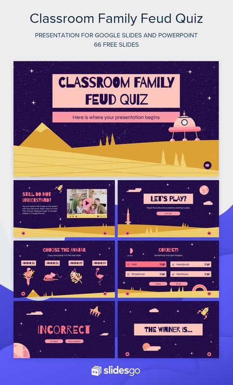 Have family fun with this interactive game template and galaxy-inspired design. Download it for Google Slides and PowerPoint. Quiz Powerpoint Template, Interactive Educational Games, Family Feud Template Power Points, Quiz Game Design, Family Presentation Ideas, Quiz Template Design, Interactive Illustration, Game Design Document Template, Powerpoint Quiz Template