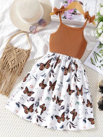 SHEIN Kids SUNSHNE Toddler Girls Butterfly & Plant Print Bow Shoulder Cami Dress | SHEIN USA Clothes For Girls 7-8, Cute Outfits For Kids 10-12, Butterfly Sundress, Cute Girl Clothes, Butterfly Clothes, Cute Dress Outfits, Cute Prom Dresses, Floral Butterfly, Cute Preppy Outfits