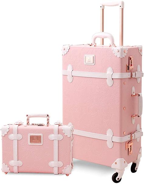 Amazon.com | Mosslanda Vintage Suitcase Set 20 inch Carry on Spinner Luggage with 12 inch Handbag for Women (Embossed Pink) | Luggage & Travel Gear Luggage Sets Cute, Pink Luggage Sets, Cute Suitcase, Purple Luggage, White Luggage, Pink Luggage, Cute Suitcases, Cute Luggage, Stylish Luggage