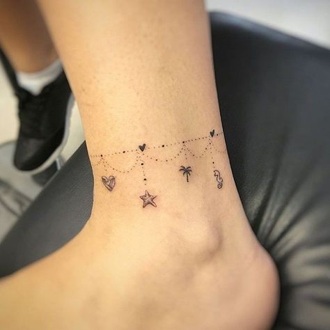 Disney Anklet Tattoos For Women, Disney Wrist Tattoos For Women, Tattoos For Women Watercolor, Tattoos With Initials, Ankle Tattoos For Women Anklet, Tattoos For Women Minimalist, Ankle Bracelets Tattoos For Women, Charm Anklet Tattoo, Anklet Tattoos For Women