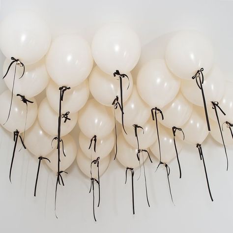 Hens Balloons, White Balloons Black Ribbon, Black And Neutral Party Decor, Black Tie Ball Decorations, Balloons With Ribbon Bows, Balloons For Party, Birthday 2024 Ideas, White Balloons With Black Ribbon, Hen Do Balloons