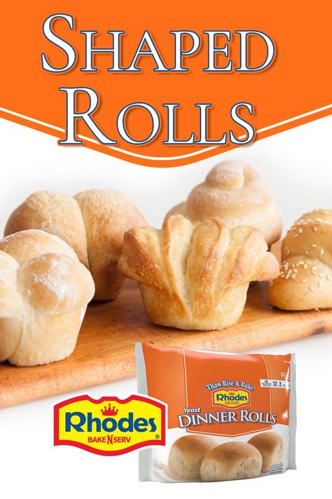 Butterflake, cloverleaf, and swirl rolls on a wooden board. Rhodes logo and packaging. Dinner Rolls Shaped Like Turkey, Turkey Shaped Bread Loaf, Turkey Shaped Rolls, Thanksgiving Rolls Easy, Thanksgiving Rolls Recipes, Rhodes Bread Dough Recipes, Frozen Dough Recipes, Shaped Dinner Rolls, Rolls For Thanksgiving