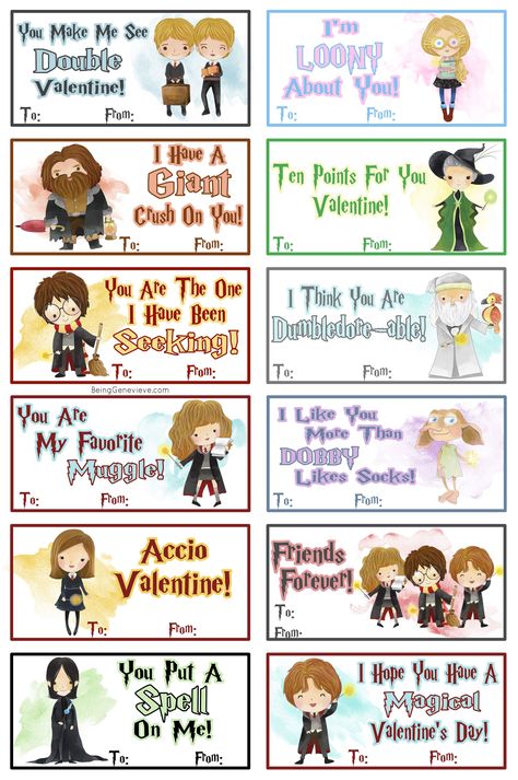 Free Printable Harry Potter valentines. These cute watercolor Harry Potter valentines are perfect for boys and girls. Harry, Ron, Hermione, Ginny, Weasley Twins, Luna, McGonagall, Hagrid, Dumbledore, Dobby, and even Snape. Valentines Ideas For Your Kids, Harry Potter Valentines Cards, Harry Potter Calendar, Free Printable Harry Potter, Printable Harry Potter, Harry Potter Valentines, Classe Harry Potter, Harry Potter Printables Free, Citate Harry Potter