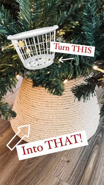 Emma Villaneda on Instagram: "I love this rope collar DIY even more than the bucket one! 🙊🎄♥️ Rope is linked in my Amazon, I used 1 pack of 100ft. Materials: - Laundry Basket (Dollar Tree) - Rope (Amazon)*I used about 100ft of 3/8” rope, you will need less if you have thicker rope* - Hot Glue/ Glue Gun - Scissors ✂️ • • • • #christmas #christmasdecor #diy #craft #homedecor #holiday #holidaydecor #design #home #diyhomedecor #interior #homedesign #interiordesign #potterybarn #explorepage #trending #reelvideo #newreel #art #dollartree #dollarstore #creative #holidayseason #christmastime" Diy Christmas Tree Basket Base, Laundry Basket Tree Collar, Diy Tree Collar, Diy Christmas Tree Collar, Tree Collar Diy, Tree Collar Christmas, Christmas Tree In Basket, Tree Rope, Diy Christmas Tree Skirt