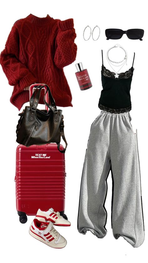 airport, outfit, sweatpants Airport Outfit Sweatpants, Red Sweatpants Outfit, Outfit Sweatpants, Red Sweatpants, Cute Modest Outfits, Sweatpants Outfit, Outfit Red, Red Outfit, Airport Outfit