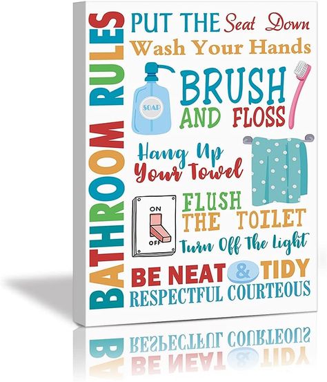 HLNIUC Colorful Kids Bathroom Decor Art Prints, Bathroom Rules Wall Art Washroom Quote Poster,Set Of (12’’X16’’,framed) Bathroom Signs Canvas Paintings For Kids Bathroom,Washroom Decor : Amazon.ca: Home Colorful Kids Bathroom, Bathroom Decor Art, Paintings For Kids, Kids Bathroom Colors, Kids Bathroom Decor, Prints Bathroom, Kids Canvas Painting, Washroom Decor, Bathroom Decor Colors