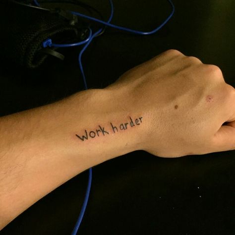 Casey Neistat inspired quote tattoo by Eric at New Vision Tattoo, Gainesville, GA. "work harder". Casey Neistat Tattoo, Hard Work Tattoo Men, Work Harder Tattoo, Harder Tattoo, Vision Tattoo, Tramp Stamps, Classy Tattoos For Women, Inspiring Quote Tattoos, Hard Tattoos