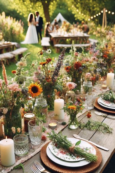 If you're planning a wildflower themed wedding, this post goes over 51 ideas for wild flower themed invitations, decor, favors, food and more! Midsommar Table Setting, Rustic Whimsical Wedding Decor, Wedding Decorations Photos, Wild Flower Spring Wedding, Outdoor Wedding Party Ideas, Wedding Flower Field, Forest Wedding Vibes, Wedding Decor Ideas Outdoor, Wild Flowers Wedding Decor