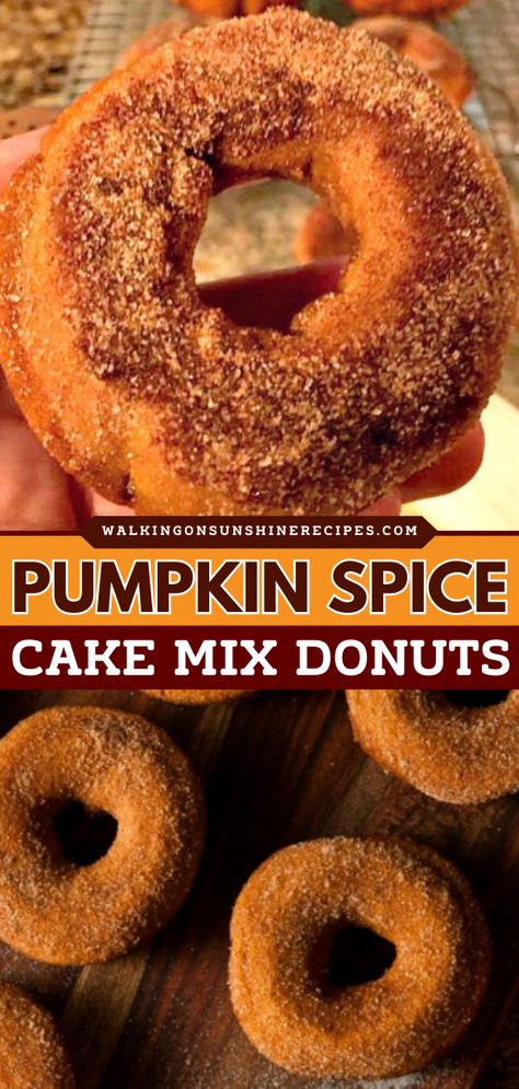 These Pumpkin Spice Cake Mix Donuts are the perfect baked pumpkin recipe that starts with cake mix and canned pumpkin puree sprinkled with cinnamon and sugar. It makes an easy Fall recipe! Pumpkin Spice Cake Mix, Pumpkin Donuts Baked, Cake Mix Donuts, Spice Cake Mix And Pumpkin, Pumpkin Doughnut, Fall Deserts, Homemade Donuts Recipe, Baked Doughnuts, Pumpkin Spice Donut